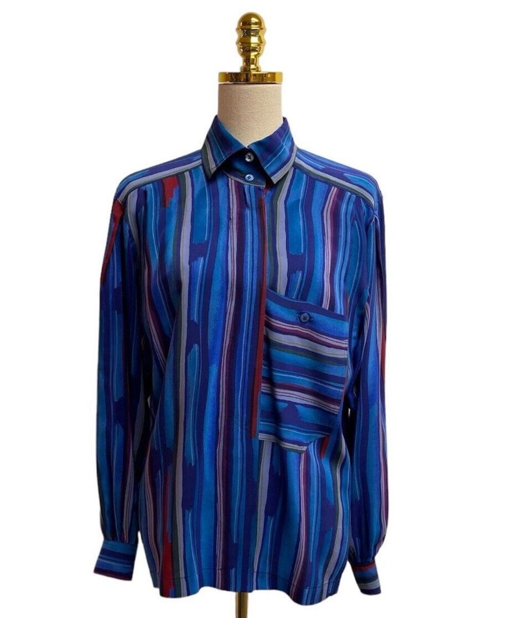 Escada Margaretha Ley Blue Red Stripe Silk LS Blouse W. Germany - Size 34